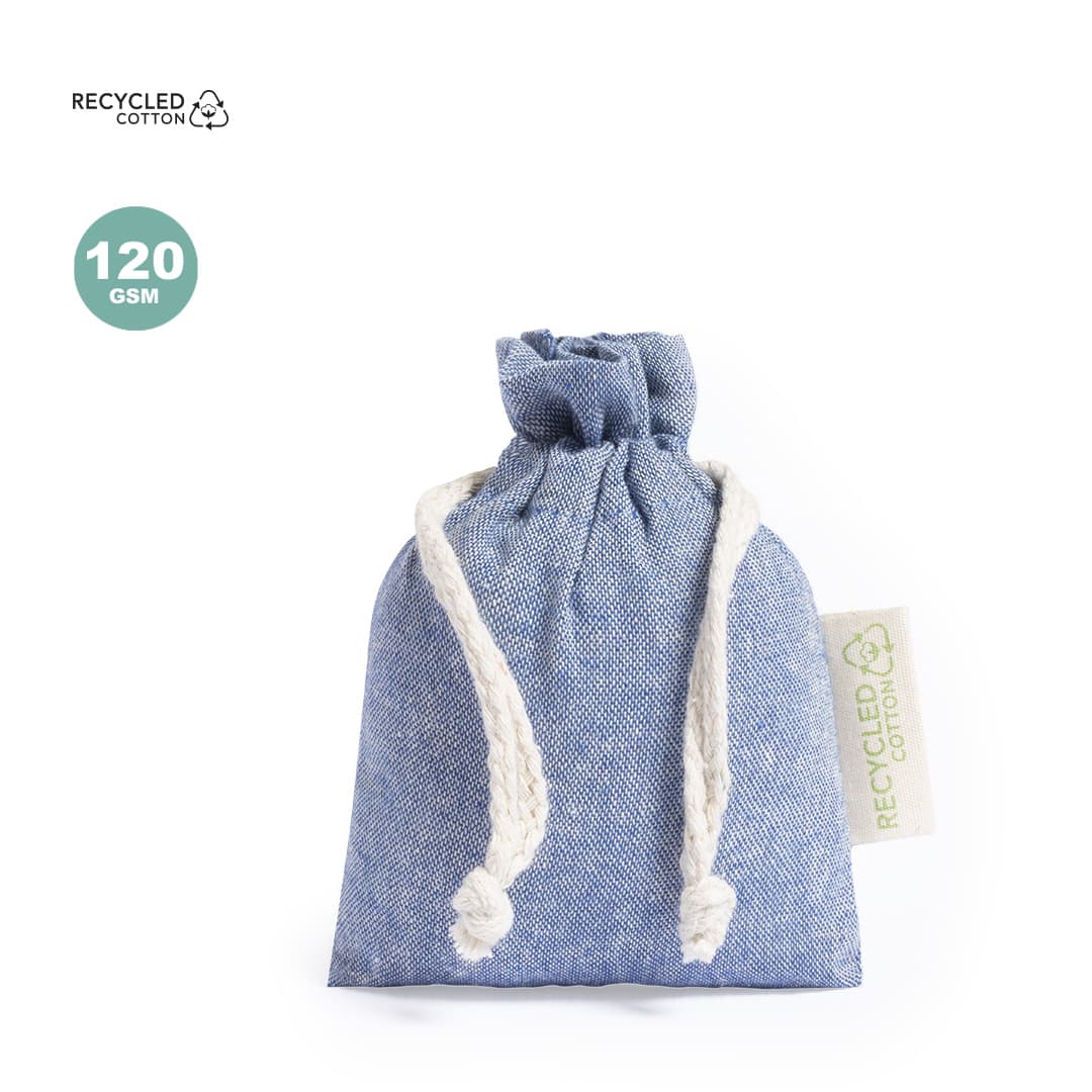 A drawstring bag made from recycled cotton, featuring a light blue colour and a natural rope closure. A drawstring bag made from recycled cotton, featuring a light blue colour and a natural rope closure.