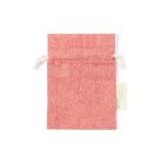 A red drawstring bag made from recycled cotton, featuring a cream-coloured drawstring and a branded tag.