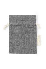 A grey drawstring bag made of recycled cotton with a light-coloured drawstring and a tag.