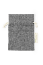A grey drawstring bag made from recycled cotton, featuring a natural string closure and a label.