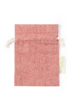 A red drawstring bag made from recycled cotton, featuring a natural string closure and a small tag.