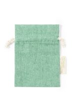 A green drawstring bag made from recycled cotton, featuring a natural cord closure and a branding tag on the side.