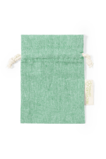 A green drawstring bag made from recycled cotton, featuring a natural drawstring closure and a small tag.