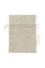 A small light grey drawstring bag made from recycled cotton, featuring a drawstring closure and a branded tag.