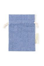 A blue drawstring bag made from recycled cotton, featuring a natural cord closure and a branding tag.