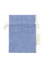 A blue drawstring bag made from recycled cotton, featuring a natural cord closure and a small logo tag.