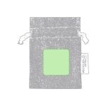A grey drawstring bag made from recycled cotton, featuring a plain green square area and a tag.