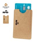 A brown RFID card holder made from recycled paper, designed to protect cards, with a slot for insertion.