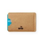 A business card holder in brown with a blue card slot and an RFID logo.