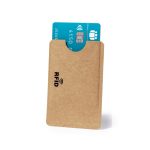 A brown card holder featuring RFID protection, with a slot for a business card or credit card displaying a teal card.