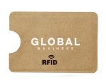 A tan business card holder with an RFID feature and a logo, designed to hold cards securely.