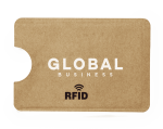 A business card holder in a natural kraft finish, featuring an RFID design and a logo.