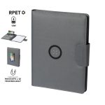 A grey multifunction folder with a logo, featuring slots for documents and a device, designed for office use.