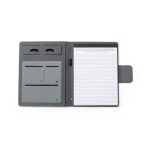 A grey multifunction folder with pockets, a notepad, and a closure. It features a sleek design suitable for office use.