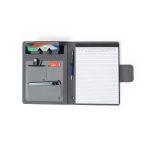 A grey multifunction folder featuring a notepad, pen, phone holder, and various pockets for cards and accessories.