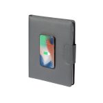 A grey multifunction folder with a pocket for a mobile phone, featuring a textured surface and a clasp closure.