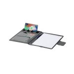 A black multifunction folder featuring a phone holder, pen, and lined notepad with multiple pockets for organisation.