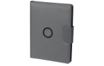A grey multifunction folder with a circular logo, featuring a secure closure and a sleek design.