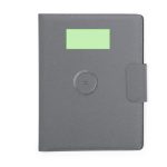 A grey multifunction folder with a circular design element and a logo, featuring a secure closure.