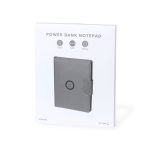 A grey multifunction folder with a power bank feature, featuring a logo and a secure closure.