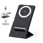 A wireless charger in black fabric with a circular charging area and a stand for devices. It features a logo.