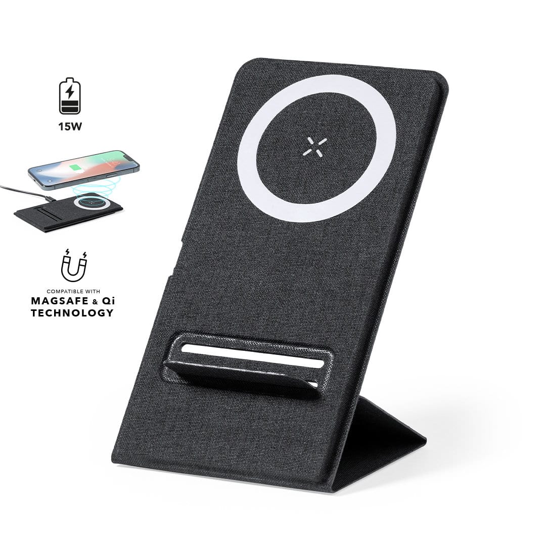 A wireless charger in black fabric with a circular charging area and a stand for devices. It features a logo. A wireless charger in black fabric with a circular charging area and a stand for devices. It features a logo.