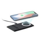 A wireless charger in black, with a smartphone above displaying a charging indicator. It has a sleek, modern design.