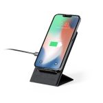 A wireless charger in black with a phone displaying a charging indicator, positioned on a stand.