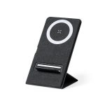 A black wireless charger with a fabric texture and a circular charging area, designed to stand upright.