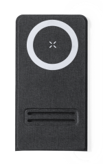 A wireless charger in dark grey fabric with a circular charging area and a slot design. It has a logo.