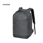 A grey anti-theft backpack with padded straps and a sleek design, featuring a front zip pocket and a logo.