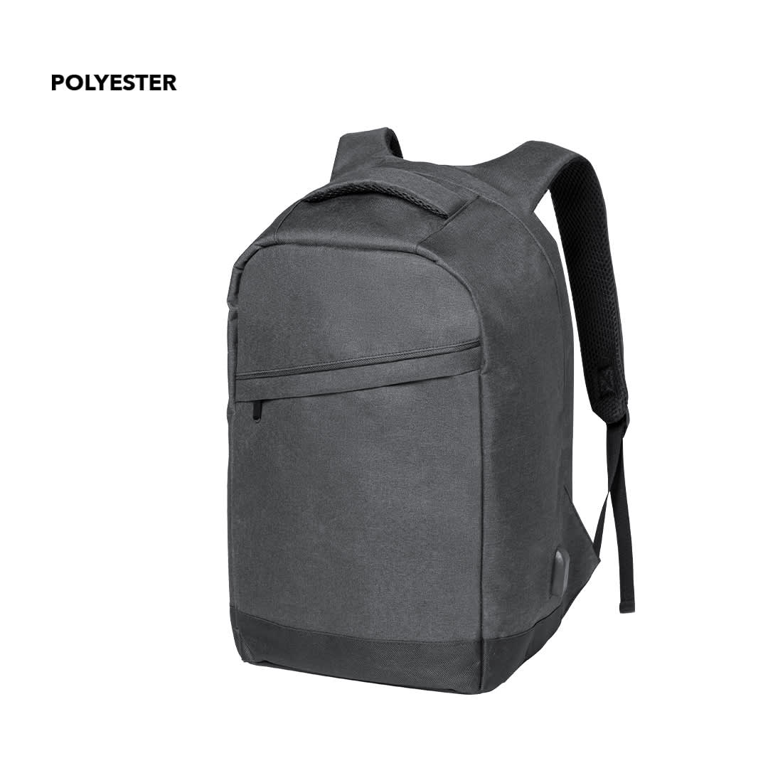 A grey anti-theft backpack with padded straps and a sleek design, featuring a front zip pocket and a logo. A grey anti-theft backpack with padded straps and a sleek design, featuring a front zip pocket and a logo.