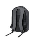 A black anti-theft backpack with padded straps and a textured back panel, featuring a logo.