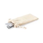 A beige fabric pouch containing metallic manicure tools, including nail clippers and a nail file.