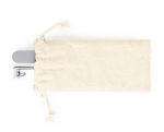 A beige pouch containing a silver nail clipper and grey nail file, featuring a drawstring closure.