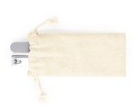 A cream-coloured pouch containing a nail clipper and a nail file. The pouch has a drawstring closure.
