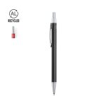 A metal pen in black with a silver clip and tip, featuring a small logo on the barrel.