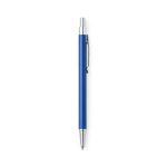 A blue metal pen with a silver tip and clip, featuring a branding logo.