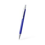 A blue metal pen with a chrome clip and tip, featuring a smooth finish and a sleek design.