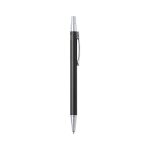 A metal pen in black with a silver clip and tip, featuring a logo.