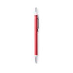 A red metal pen with a silver clip and a sleek design. The pen features a logo on its body.