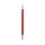 A metal pen with a sleek red body and silver accents, featuring a logo on its barrel.