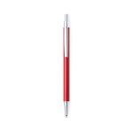A red metal pen with a chrome clip and tip, featuring a branded logo.
