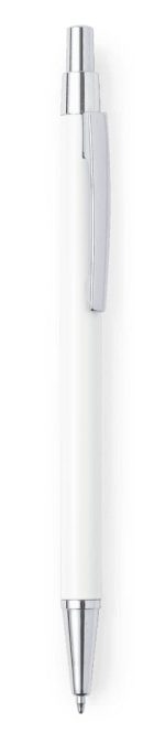 A metal pen in white with a silver clip and tip, featuring a logo on the body.