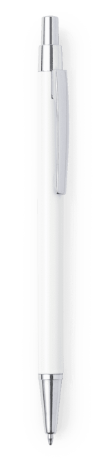 A metal pen in white with a silver clip and tip, featuring a logo.