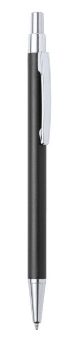 A metal pen in black with silver accents and a clip, featuring a sleek design and a branded logo.