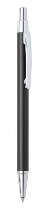 A black metal pen with a silver clip and tip, featuring a sleek design and a branding logo.