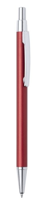 A metal pen in red with a chrome clip and tip, featuring branding on the barrel.