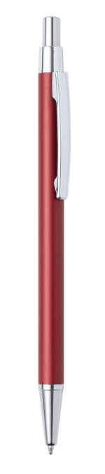A metal pen in a deep red colour with a chrome clip and tip, featuring a branding logo.