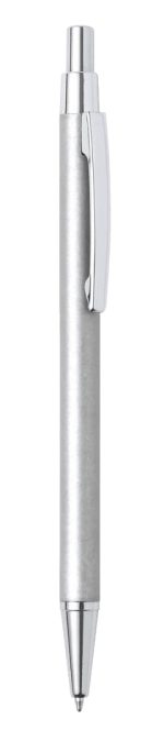 A metal pen in silver finish with a sleek design and a clip for easy attachment. Features a branding logo.